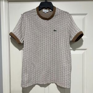 Lacoste Regular Fit Cream Tan 100% Cotton Monogram Jacquard T-Shirt Size Large